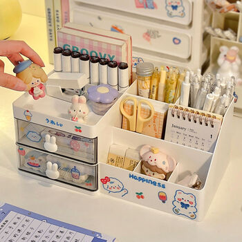 Fantasy desktop storage box transparent rabbit handle stationery pen holder office storage rack desktop drawer organizer box storage rack pink rabbit handle style + random stickers