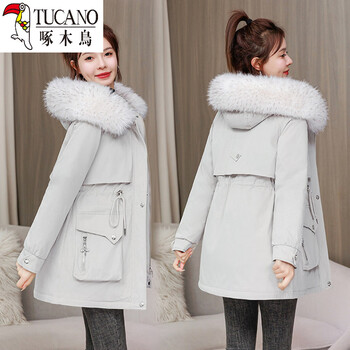 Woodpecker (tucano) removable liner parka women's mid-length winter coat thickened korean style loose cotton coat fur collar cotton-padded jacket yabai 2xl 136-150 catties