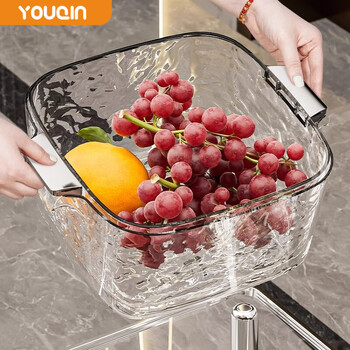 Youqin double-layered vegetable sink drain basket, high-looking multi-functional kitchen new fruit plate, light luxury high-end living room vegetable basket, transparent white medium size, water rippled double layer