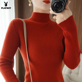 Playboy (playboy) autumn and winter long-sleeved bottoming shirt women's pullover sweater 2026 new half turtleneck sweater slim sweater top official flagship cherry red l recommended 110-120 pounds