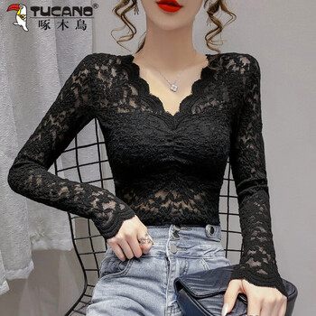 Woodpecker-like v-neck lace bottoming shirt for women 2026 spring and autumn new style small shirt with velvet inner long-sleeved mesh top for women black s