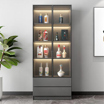 Fantasy living room glass multi-functional wine cabinet against the wall integrated display cabinet household light luxury high-end storage rack wooden transparent 80x32x200 double door double drawer dark gray delivery to home