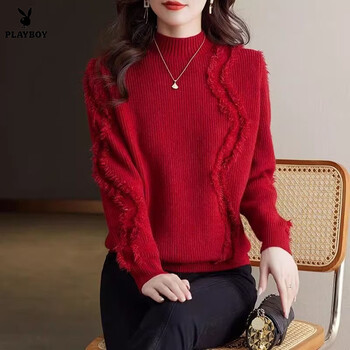 Playboy (playboy) sweater for women 2026 new early spring thickened beaded inner long-sleeved red top for women half turtleneck bottoming shirt for women official flagship red s recommended 80-90 pounds