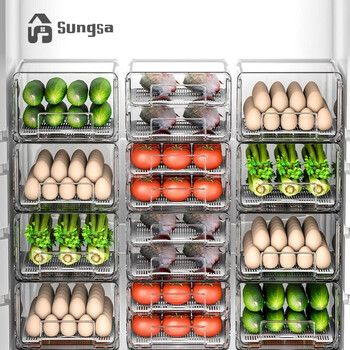 Sungsa drawer-type refrigerator storage box food-grade refrigerator large fresh-keeping box egg box vegetable storage box with drain tray double-layer drawer 5.2l (pet high transparency 3 pieces)