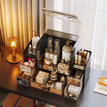 Yusenyipin storage box desktop high-end dustproof dressing table skin care product storage rack dustproof flip model milk white 2 drawers