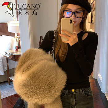 Woodpecker-like black knitted bottoming shirt for women in autumn, slim-fitting hollow-out design, black m