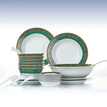 Hongye (rl) jingdezhen national porcelain blue and white porcelain high temperature fine white porcelain colorful bowls and plate tableware set (green gold fortune) green gold fortune medium tableware 26 pieces