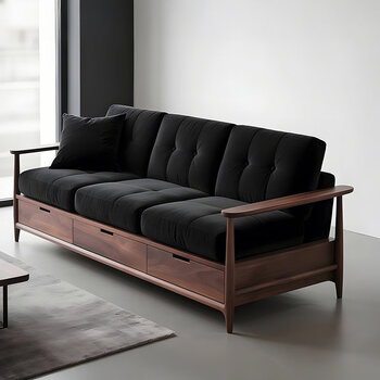 He jiagong mid-century style black walnut solid wood sofa new modern simple living room villa three-person fabric storage sofa 2.2m (ash wood)