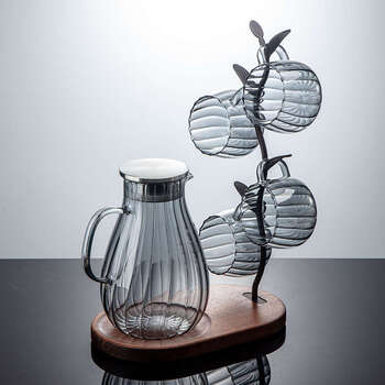 Yusenyi hot and cold kettle, high temperature glass cold kettle, hot water kettle, living room household high-value water cup set, champagne color, 4 cups in a pot + solid wood combination rack 126 0ml