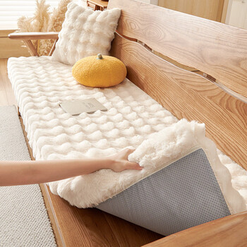 Fantasy winter thickened sponge seat cushion mahogany sofa cushion 2026 new high density hardened solid wood butt cushion customization high density sponge rabbit plush rabbit plush + matcha green 50x150x6.5cm (small three people)