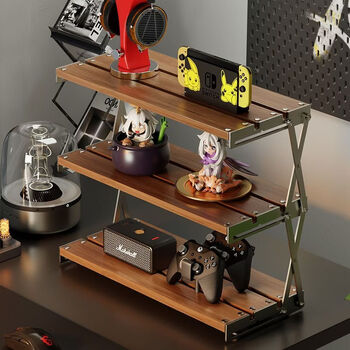Fantasy desktop storage rack gaming figure folding storage rack increased layered rack office stainless steel multi-layer shelf 31cm foldable black frame walnut color double-layer stainless steel bracket upgraded bold stable