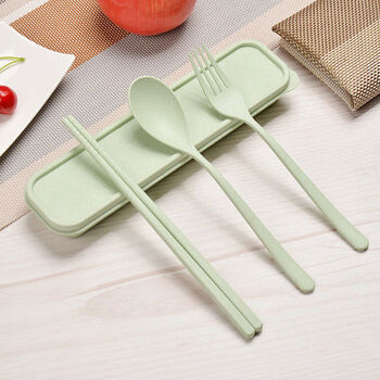 Yusenyi wheat straw chopsticks spoon and fork set elementary school tableware three-piece storage box portable outdoor travel green