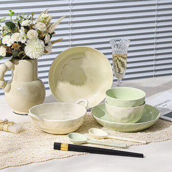 Persson bowls, plates and tableware set, cream-style household small fresh set, high-looking bowls, plates, chopsticks and tableware set, 9-piece set