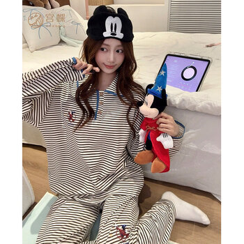 Gongdie gift box disney mickey spring and autumn pajamas women's long sleeve pure cotton cartoon striped home clothes set magic mickey long sleeve set m (80-100 catties recommended)
