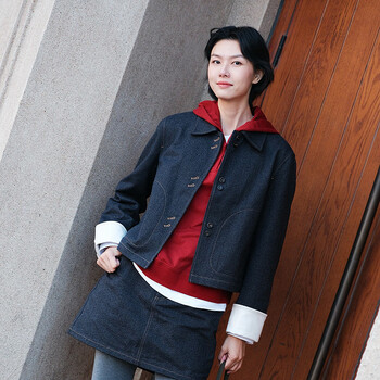 Mslan/shopping mall same style 2026 spring retro contrast color lapel imitation denim jacket short jacket miaw081 dark navy m