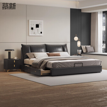Mousse italian minimalist leather master bed 1.8 high-end atmospheric french double bed wedding bed master bedroom high-end storage bed upgraded version leather bed + coconut palm mattress hard spine protection 1800mm*2000mm x air pressure + three-pump structure double storage function