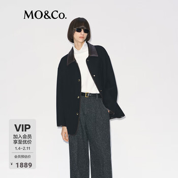 Mo&co. woolen jacket 2025 winter new product sheep wool black double-sided wool retro plain leather stitching trimming mbe4cot062 blue black s /160
