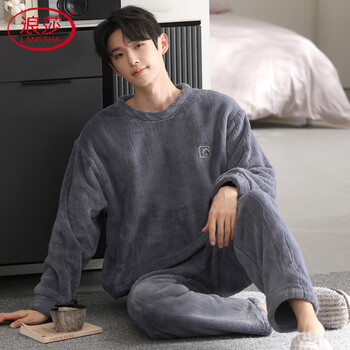 Langsha coral velvet pajamas men's autumn and winter style plus velvet thickening 2026 new pullover round neck home clothes set can be weared outside 01f33013 male l