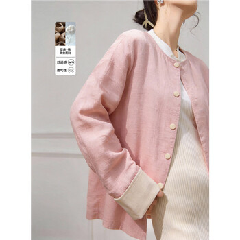 Demana natural bamboo texture spring linen cotton small fragrant round neck contrast button loose hidden flesh women's jacket