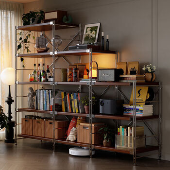 Fantasy walnut color multi-layer floor-standing storage rack optical axis living room height-adjustable bookcase storage rack including installation l-shaped corner model 46 wide six-layer walnut color 80x46x