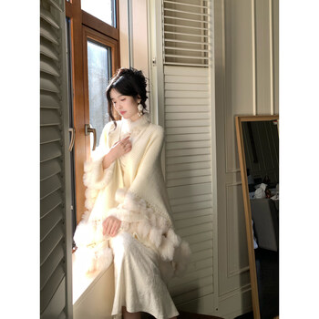 Blovelan beichuan snow lazy style solid color fur ball thickened warm shawl cloak coat jacket for women winter apricot (shawl one size)