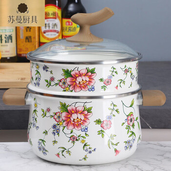 Tuojin enamel steamer enamel enamel double layer enamel steamer enamel stew pot enamel porcelain pot double pond double material single layer blessing steamer-rose 20cm