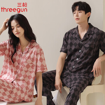 Three-gun couple pajamas summer pure cotton short-sleeved trousers fashionable plaid men's home wear casual women's stretch cotton suit 8516 female m