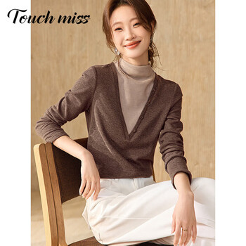 Touchmiss contrasting color half-high collar fake two-piece bottoming shirt winter new velvet feel warm and comfortable t-shirt long-sleeved women coffee color xl