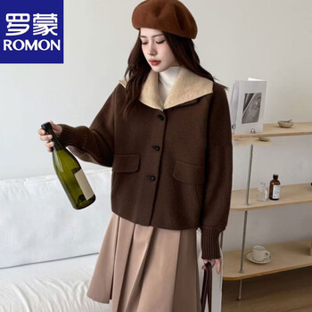 Romon lapel fragrant knitted short woolen jacket 2025 autumn and winter new style detachable collar cardigan loose coat brown fabric m 90 - about 109 pounds