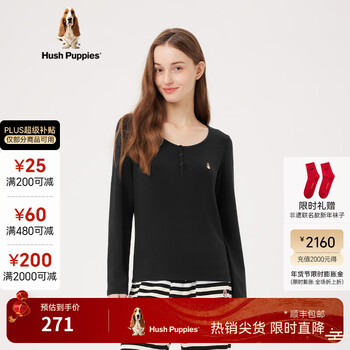 Hush puppies women's autumn skin-friendly and comfortable simple style round neck slim long-sleeved bottoming shirt 188 black s