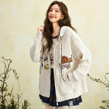 B.duck little yellow duck jacket women's 2026 spring new loose relaxed embroidered leopard print hooded jacket for women apricot xs