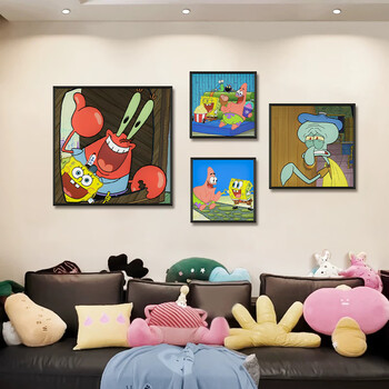 City article dopamine spongebob living room decoration painting cartoon style sofa background wall hanging painting art combination mural wall hanging t136512 50*50/30*30/30*30/40*40 recommended 2-2.5m wall texture texture picture + ps environmentally friendly border style black frame