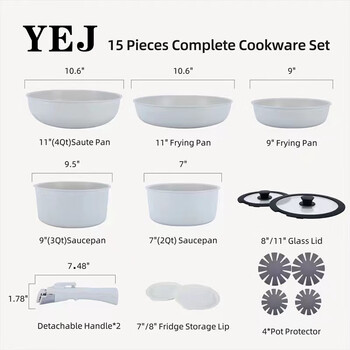 Yierjia cross-border removable pot set non-stick pot wok maifanshi complete pot set 15-piece set stacking pot removable 15-piece set white (pot * silicone glass lid * 2 removable handles * 2 felt
