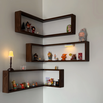 Yusenyi corner storage rack suspended wall decorative rack wall 90 degree corner bookshelf living room wall corner storage rack convex walnut color storage rack 1 pack does not include lamps and ornaments