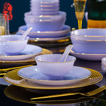 Manyuan jingdezhen ceramics high-end thai imported purple jade porcelain underglaze color dishes and tableware set for home wedding housewarming gift purple jade porcelain 6 people configuration 35-piece set