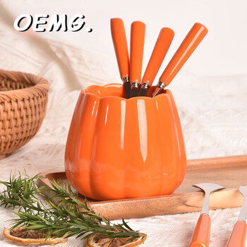 Oemg high-end fork set household stainless steel high-looking storage ceramic cute dessert children's creative spoon internet celebrity fragrant orange ceramic jar + 6 forks