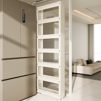 Benwang (bw) 10cm kitchen gap storage rack with extremely narrow gap behind the side door of the refrigerator, ultra-thin pull-out trolley storage cabinet, main picture, stackable and detachable, milky white, seven layers, 12cm wide, 198cm high.