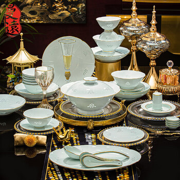 Manyuan jingdezhen underglaze color high-end exquisite porcelain tableware high temperature housewarming gift ceramic dishes and dishes set home wedding xiangyun linglong 6 people configuration 40-piece set