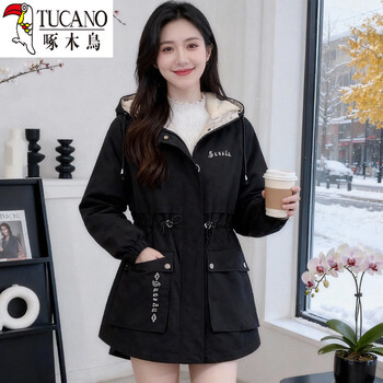 Woodpecker (tucano) velvet thickened parka cotton coat for women 2025 autumn and winter new style mid-length hooded waist casual workwear cotton coat black s