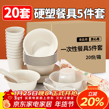 Youao disposable tableware set for 20 people, 5-piece set, bowls, cups, plates, spoons, chopsticks, no-wash party food grade