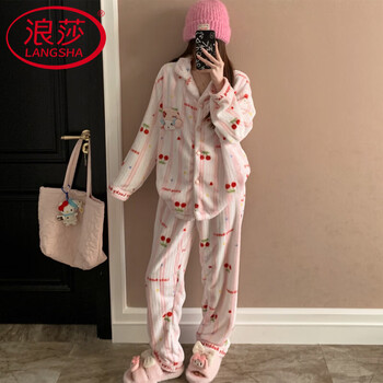 Langsha cute bow puppy pajamas for women new winter plus velvet thickened flannel warm cardigan home wear set melody l