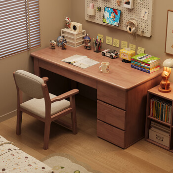 Juliniao solid wood desk home student writing desk with bookcase integrated bedroom junior high school student study desk desk computer desk okoume color single table 120*60*75cm