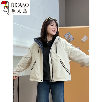 Woodpecker (tucano) korean style velvet thickened jacket style jacket 2025 winter hooded stitching contrasting color cotton coat versatile jacket trendy off-white l recommended 115-135 pounds
