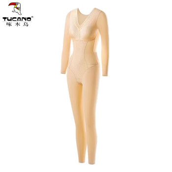 Woodpecker (tucano) body shaping one-piece autumn and winter long-sleeved pants with breast pads body shaping and abdominal control enhanced version corset slimming shaping bra skin color shaping lifting thermal brushing s suitable for 80-95 jin