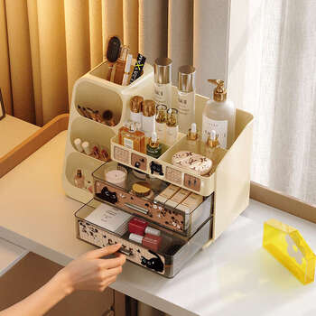 Yusen yipin storage box desktop high-end large-capacity shelf brush storage dressing table storage rack dust-proof flip model milk white 2 drawers