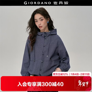 Giordano designer cleanfit hooded jacket women's loose drawstring plaid work jacket 18375806