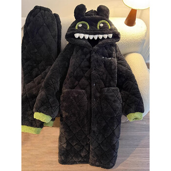Maultiay cute toothless hooded coral velvet nightgown for women in autumn and winter three-layer quilted warm high-end pajamas and home clothes thickened and cold-resistant <small quantity in stock> l