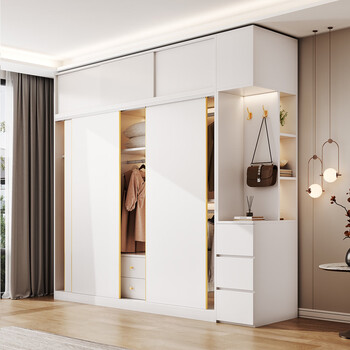 Yongfan new solid wood wardrobe sliding door for home bedroom modern simple sliding door small apartment large wardrobe mildew-proof with drawer warm white 120cm main cabinet + top cabinet + side cabinet installation included