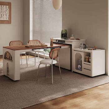 Yusenyi home retractable dining table, integrated sideboard and dining table, small apartment guide table and dining table, lifting dining table with tea, island folding dining table + 2 chairs, without tea cart