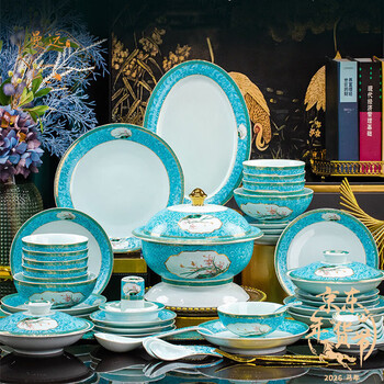 Manyuan jingdezhen 2026 new celadon enamel tableware set chinese high-end kaolin bowl and dish set housewarming gift celadon enamel luxury 10-person configuration 69-piece set